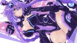 Rule 34 | 1girl, absurdres, blue eyes, braid, breasts, cleavage, cleavage cutout, clothing cutout, covered navel, hair between eyes, hair ornament, headgear, highres, large breasts, leotard, long hair, looking at viewer, neptune (neptunia), neptune (series), power symbol, power symbol-shaped pupils, purple hair, purple heart (neptunia), serious, shishin (shishintei), simple background, skin tight, solo, symbol-shaped pupils, thighhighs, twin braids, twintails, very long hair, white background, wings