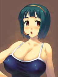 Rule 34 | 1girl, blush, breasts, cleavage, collarbone, covered erect nipples, green hair, headset, highres, huge breasts, idolmaster, idolmaster (classic), microphone, mole, mole under mouth, no bra, one-piece swimsuit, open mouth, orange eyes, otonashi kotori, shirt, short hair, solo, swimsuit, taut clothes, taut shirt, upper body, yn red