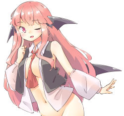 Rule 34 | 1girl, ;d, adapted costume, arnest, ascot, bare shoulders, between breasts, black vest, blush, bottomless, breasts, commentary, demon wings, detached sleeves, finger to cheek, groin, hand up, head wings, index finger raised, koakuma, large breasts, long hair, looking at viewer, navel, one eye closed, open clothes, open mouth, open shirt, out-of-frame censoring, pink eyes, pink hair, red ascot, shirt, sidelocks, simple background, sleeveless, sleeveless shirt, smile, solo, stomach, touhou, upper body, very long hair, vest, white background, white shirt, wings
