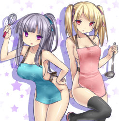 Rule 34 | 2girls, apron, bare shoulders, black legwear, blonde hair, breasts, cleavage, hair ribbon, ladle, large breasts, leaning forward, long hair, multiple girls, naked apron, open mouth, original, ponytail, purple eyes, red eyes, ribbon, sideboob, silver hair, simple background, smile, star (symbol), starry background, thighhighs, tsukumiya amane, twintails, whisk