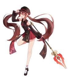 Rule 34 | 1girl, :d, absurdres, black hat, black ribbon, black sleeves, brown hair, detached sleeves, floating hair, flower-shaped pupils, full body, genshin impact, hair between eyes, hat, highres, holding, holding polearm, holding weapon, hu tao (genshin impact), leg up, long hair, long sleeves, looking at viewer, miniskirt, open mouth, pleated skirt, polearm, red eyes, red skirt, ribbon, sera narumu, simple background, skirt, smile, socks, solo, standing, standing on one leg, symbol-shaped pupils, very long hair, weapon, white background, white socks