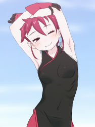 Rule 34 | 1girl, ;), armpits, arms up, black dress, blue background, breasts, commentary request, dress, gloves, gradient background, highres, kemurikusa, leaning to the side, looking at viewer, one eye closed, red eyes, red hair, ryou (kemurikusa), sat-c, short hair, simple background, sleeveless, sleeveless dress, small breasts, smile, solo, stretching