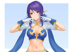 Rule 34 | 1girl, blue hair, border, breasts, cleavage, commentary request, gloves, highres, judith (tales), large breasts, long hair, midriff, miura-n315, pointy ears, purple eyes, purple hair, short sleeves, smile, solo, tales of (series), tales of vesperia, white border