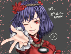 Rule 34 | 1girl, dated, hair ornament, headband, heart, leaf, leaf hair ornament, looking at viewer, maple leaf, mirror, mitama mudimudi, one eye closed, outstretched hand, purple hair, red eyes, rope, shimenawa, short hair, signature, smile, solo, speech bubble, spoken heart, touhou, translation request, twitter username, yasaka kanako