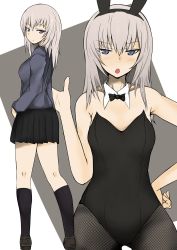 Rule 34 | 1girl, animal ears, black footwear, black leotard, black neckwear, black pantyhose, black skirt, blue eyes, blush, bow, bowtie, closed mouth, commentary, detached collar, dress shirt, fake animal ears, fishnet pantyhose, fishnets, from behind, frown, gesture, girls und panzer, grey shirt, half-closed eyes, hand on own hip, itsumi erika, kneepits, kuromorimine school uniform, leotard, loafers, long hair, long sleeves, looking at viewer, looking back, miniskirt, multiple views, ngc20701, open mouth, pantyhose, playboy bunny, pleated skirt, rabbit ears, school uniform, shirt, shoes, silver hair, skirt, socks, standing, strapless, strapless leotard