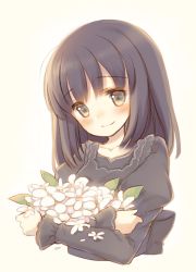 Rule 34 | 1girl, black hair, blush, brown eyes, collarbone, crossed arms, flower, long hair, long sleeves, looking at viewer, original, petals, shirt, simple background, smile, solo, upper body, white background, yamucha