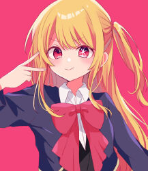 Rule 34 | 1girl, black vest, blonde hair, blue jacket, bow, bowtie, collared shirt, commentary request, fm 2608, hand up, highres, hoshino ruby, jacket, long hair, long sleeves, looking at viewer, mismatched pupils, no pupils, one side up, open clothes, open jacket, oshi no ko, partial commentary, pink background, pink bow, pink bowtie, pink eyes, school uniform, shirt, sidelocks, simple background, smile, solo, star-shaped pupils, star (symbol), symbol-shaped pupils, upper body, v, vest, white shirt, youtou high school uniform