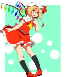 Rule 34 | 1girl, ascot, back bow, black socks, blonde hair, border, bow, breasts, collared shirt, crystal, flandre scarlet, frilled skirt, frills, full body, green background, hair between eyes, hand on own chest, happy, hat, kneehighs, leaning forward, medium hair, mob cap, multicolored wings, one side up, open mouth, pigeon-toed, puffy short sleeves, puffy sleeves, red eyes, red footwear, red skirt, red vest, shirt, shoes, short sleeves, simple background, skirt, skirt set, small breasts, socks, solo, teeth, toho-77, touhou, upper teeth only, vest, white border, white bow, white hat, white shirt, wings, yellow ascot