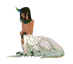 Rule 34 | 1boy, black hair, blue horns, centauroid, claws, closed mouth, dark-skinned male, dark skin, dragon boy, dragon tail, full body, grey scales, highres, holding own arm, horns, long hair, looking to the side, male focus, monster boy, original, pelvic curtain, sabyap, scales, simple background, single horn, sitting, slit pupils, solo, tail, taur, topless male, white background, yellow eyes