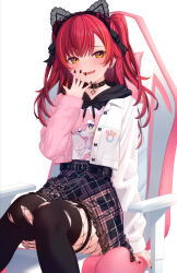 Rule 34 | 1girl, absurdres, animal ears, belt, black nails, chair, choker, earrings, fishnet pantyhose, fishnets, heart, heart-shaped pupils, highres, jewelry, nikichiho, original, pantyhose, plaid, plaid skirt, red hair, sitting, skirt, smug, solo, symbol-shaped pupils, thighhighs, torn clothes, torn legwear, twintails, yellow eyes