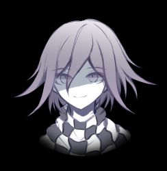 Rule 34 | 1boy, black background, checkered clothes, checkered neckwear, checkered scarf, closed mouth, commentary, cropped shoulders, danganronpa (series), danganronpa v3: killing harmony, flipped hair, hair between eyes, looking at viewer, oma kokichi, qiao xing, scarf, short hair, smile, solo, symbol-only commentary