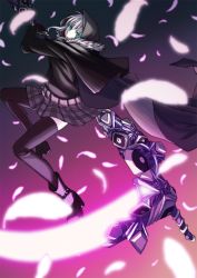 Rule 34 | 1girl, ankle boots, black footwear, black thighhighs, boots, cloak, fate (series), feathers, glowing, glowing weapon, gray (fate), highres, lord el-melloi ii case files, mioshiki, plaid, plaid skirt, scythe, skirt, solo, thighhighs, weapon