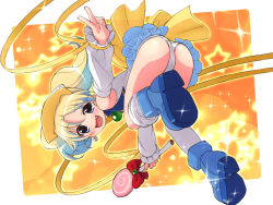 Rule 34 | 1girl, ankle boots, armpits, ass, asymmetrical clothes, bad id, bad pixiv id, bare shoulders, blonde hair, blue eyes, boots, bow, cosplay, detached sleeves, earrings, fang, frilled skirt, frilled sleeves, frills, from behind, hair ornament, highres, jewelpet (series), jewelpet twinkle, jewelry, large bow, looking at viewer, looking back, magical girl, miniskirt, miria marigold mackenzie, moetan, nyama, one-piece swimsuit, open mouth, orange background, pastel ink, pastel ink (cosplay), ribbon, school swimsuit, shoe soles, single sock, single thighhigh, skirt, smile, socks, solo, sparkle, star (symbol), starry background, swimsuit, swimsuit costume, thighhighs, top-down bottom-up, twintails, wand, white school swimsuit, white one-piece swimsuit, yellow ribbon