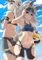 Rule 34 | 2girls, animal ears, arknights, armband, ass, ball, bare arms, bare shoulders, blue sky, breasts, butt crack, cloud, commentary request, cowboy shot, day, grani (arknights), hair between eyes, hand up, holding, holding ball, long hair, looking at viewer, midriff, multiple girls, navel, purple eyes, silver hair, skadi (arknights), sky, small breasts, smile, sports bra, standing, stomach, thighs, visor cap, volleyball, volleyball (object), yasunoharu