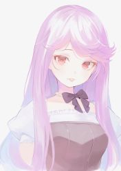 Rule 34 | 1girl, bow, frills, grey background, jewelry, long hair, minoa (lastswallow), necklace, original, parted lips, pearl necklace, pink hair, pink lips, puffy sleeves, purple bow, red eyes, simple background, smile, solo