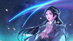 Rule 34 | 1girl, bad link, black hair, blue eyes, clothing cutout, doupo cangqiong, earrings, falling petals, hand on own chest, highres, jewelry, long hair, long sleeves, necklace, night, night sky, petals, second-party source, shooting star, sky, solo, star (sky), tassel, tassel earrings, upper body, xiao ru carrot, yun yun (doupo cangqiong)