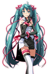 Rule 34 | 1girl, :3, aqua eyes, aqua hair, bare shoulders, black gloves, black shorts, blush, bracelet, breast tattoo, breasts, cable, cleavage cutout, closed mouth, clothing cutout, commentary request, elbow gloves, feet out of frame, gloves, hatsune miku, highres, index finger raised, jacket, jewelry, long hair, looking at viewer, nijigen dream fever (vocaloid), number tattoo, project diva (series), shorts, simple background, sleeveless, sleeveless jacket, small breasts, smile, solo, standing, tattoo, thigh strap, thighhighs, tsukishiro saika, twintails, very long hair, vocaloid, white background, white jacket, white thighhighs