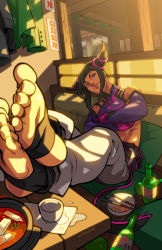Rule 34 | 1girl, alcohol, baggy pants, barefoot, capcom, chinese clothes, chopsticks, crossed arms, crossed legs, cup, drill hair, dudou, edwin huang, feet, food, foot focus, halterneck, han juri, highres, korean text, pants, related, sitting, smile, soju, soles, soup, stirrup legwear, street fighter, street fighter iv (series), toeless legwear, toes, twin drills