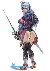 Rule 34 | 1girl, armor, ass, black thighhighs, blue eyes, blush, boots, brave soul, breastplate, breasts, clare mcfadden, commission, faulds, forehead protector, full body, ganassa, gauntlets, high heel boots, high heels, holding, holding weapon, large breasts, long hair, looking back, rapier, scabbard, sheath, silver hair, solo, standing, sword, thighhighs, thighs, thong, weapon