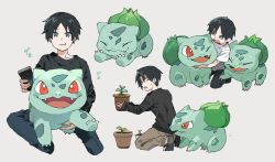 Rule 34 | :t, age progression, black hair, black pants, blue eyes, blush, blush stickers, bulbasaur, child, claws, closed eyes, collarbone, controller, creatures (company), eating, eye contact, fangs, full body, game freak, gen 1 pokemon, grey background, hands up, happy, holding, hug, japanese text, jpeg artifacts, kneeling, looking at another, looking back, looking down, male focus, mouth hold, multiple views, newo (shinra-p), nintendo, one eye closed, open mouth, original, pants, plant, pokemon, pokemon (creature), potted plant, red eyes, remote control, shirt, shirt tug, short hair, short sleeves, simple background, sitting, sleeves past wrists, smile, stretching, sweat, translated, wavy mouth, white shirt
