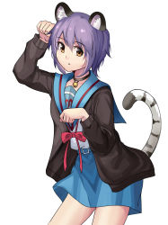 Rule 34 | 1360110, 1girl, :o, absurdres, animal ears, bell, belt, black choker, blue sailor collar, blue skirt, brown cardigan, brown eyes, cardigan, chinese zodiac, choker, commentary request, highres, jingle bell, kita high school uniform, long sleeves, looking at viewer, nagato yuki, neck bell, new year, open cardigan, open clothes, open mouth, paw pose, purple hair, red ribbon, ribbon, sailor collar, school uniform, serafuku, short hair, simple background, skirt, solo, suzumiya haruhi no yuuutsu, tail, tiger ears, tiger tail, white background, year of the tiger