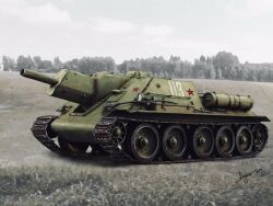Rule 34 | artist name, commentary, day, emblem, forest, grass, grey sky, highres, horizon, luger oni-jun&#039;i, military, military vehicle, motor vehicle, muted color, nature, no humans, original, outdoors, self-propelled artillery, signature, sky, soviet, star (symbol), su-122, tank, vehicle focus