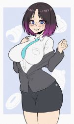 Rule 34 | 1girl, black hair, black skirt, blue eyes, blue necktie, blush, breasts, clenched hands, collar, collared shirt, cowboy shot, elma (maidragon), glasses, gradient hair, grin, hands up, highres, kobayashi-san chi no maidragon, large breasts, long sleeves, looking at viewer, multicolored hair, necktie, nervous smile, off-shoulder jacket, off shoulder, parted bangs, parted lips, pencil skirt, purple hair, shirt, short hair, skirt, smile, solo, standing, sweatdrop, teeth, two-tone hair, unbuttoned, white collar, white shirt, young savage