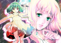 Rule 34 | 00s, 2girls, arm up, armpits, collarbone, dress, fujikawa arika, gem, green eyes, green hair, holding, jewelry, lips, looking at viewer, macross, macross frontier, microphone, multiple girls, necklace, outstretched arms, pendant, pink hair, ranka lee, sheryl nome, short hair, yellow dress