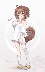 Rule 34 | 1girl, :o, animal ears, brown footwear, commentary, dog ears, dog girl, dog slippers, emi (vtuber), english commentary, flower, grey background, head tilt, highres, indie virtual youtuber, instagram logo, no pants, off shoulder, one eye closed, open mouth, pink eyes, quiss, shirt, single thighhigh, solo, thighhighs, virtual youtuber, watermark, web address, white shirt, white thighhighs, yawning