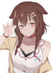 Rule 34 | 1girl, absurdres, animal ears, bare shoulders, blush, bone hair ornament, braid, breasts, brown hair, choker, claw pose, closed mouth, commentary, dog ears, dog girl, dogxfish, dress, fang, hair between eyes, hair ornament, highres, hololive, inugami korone, inugami korone (1st costume), jacket, looking at viewer, medium breasts, medium hair, off shoulder, red choker, red eyes, side braids, simple background, sleeveless, sleeveless dress, smile, solo, twin braids, upper body, virtual youtuber, white background, white dress, wristband, yellow jacket