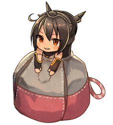 Rule 34 | 1girl, bag, black gloves, black hair, blush stickers, chibi, commentary request, elbow gloves, fingerless gloves, gloves, headgear, kantai collection, kasumi (skchkko), long hair, mini person, minigirl, nagato (kancolle), oversized object, parted lips, red eyes, satchel, simple background, solo, white background