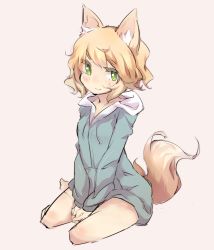 Rule 34 | 1girl, animal ears, blonde hair, fox ears, fox tail, green eyes, hands on lap, hood, hoodie, looking at viewer, original, own hands clasped, own hands together, simple background, sitting, smile, solo, tail, tomcat (moconeko)