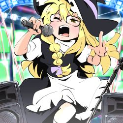 Rule 34 | 1girl, apron, black-framed eyewear, black hat, black vest, blonde hair, blush, bow, braid, commentary request, cookie (touhou), full body, glasses, gram 9, hair bow, hat, hat bow, holding, holding microphone, kirisame marisa, long hair, microphone, one eye closed, open mouth, pink bow, side braid, single braid, solo, speaker, touhou, uzuki (cookie), vest, waist apron, white apron, witch hat, yellow eyes