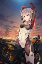 Rule 34 | 1girl, arms up, biker clothes, bikesuit, bodysuit, breasts, cloud, dusk, fangxiang cuoluan, green eyes, highres, long hair, looking at viewer, motor vehicle, motorcycle, original, power lines, silver hair, skin tight, skindentation, sky, small breasts, solo, transmission tower, twilight, vehicle