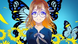 Rule 34 | 1girl, artist name, artist request, blue background, blue dress, blush, bow, breasts, brown eyes, brown hair, bug, butterfly, buttons, dress, female focus, flower, glasses, hair between eyes, hair bow, highres, insect, kunikida hanamaru, light brown hair, long hair, looking at viewer, love live!, love live! school idol festival, love live! sunshine!!, matching hair/eyes, medium breasts, mitaiken horizon, parted lips, petals, ribbon, smile, solo, striped bow, striped ribbon, upper body, white bow, white ribbon, yellow eyes, yellow flower, yellow petals, zakimpo