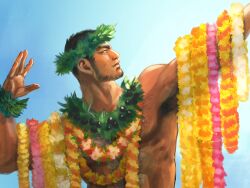 Rule 34 | 1boy, arm up, armpit hair, armpits, bara, beard, black hair, buzz cut, chest hair, dark-skinned male, dark skin, facial hair, facial scar, flower, golden kamuy, hairy, hand up, head wreath, jewelry, large pectorals, looking to the side, male focus, mature male, muscular, muscular male, navel, necklace, nipples, nopinzo, orange flower, pectorals, pink flower, scar, scar on cheek, scar on face, short hair, sideburns, sidepec, smile, solo, sunlight, tanigaki genjirou, thick eyebrows, tribal, very short hair