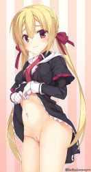 Rule 34 | 1girl, aria (koiiroharemoyou), arihara nanami, black dress, blonde hair, blush, breasts, cleft of venus, clothes lift, cowboy shot, dress, dress lift, embarrassed, female focus, frown, gloves, hair ornament, hair ribbon, highres, layered sleeves, lifted by self, long hair, long sleeves, looking at viewer, low twintails, medium breasts, navel, necktie, no panties, pussy, raised eyebrows, red eyes, red necktie, red ribbon, ribbon, riddle joker, shiny skin, sidelocks, solo, standing, stomach, striped, striped background, sweatdrop, tareme, thighs, third-party edit, twintails, twitter username, uncensored, vertical stripes, very long hair, white gloves