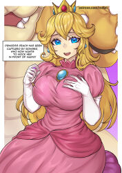 Rule 34 | 1boy, 1girl, :d, armlet, artist name, blue eyes, border, bowser, breasts, crown, dress, elbow gloves, english text, fangs, food, fruit, gem, gloves, hands up, large breasts, long hair, mario (series), nintendo, open mouth, peach, pink dress, princess peach, puffy short sleeves, puffy sleeves, redjet, short sleeves, sitting, smile, solo focus, spiked armlet, super mario bros. 1, teeth, upper teeth only, watermark, web address, white border, white gloves