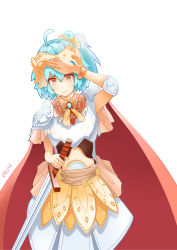 Rule 34 | 1girl, absurdres, ahoge, arm up, armor, artist name, bili girl 33, bilibili, blue hair, blush, closed mouth, eruh, eyebrows, hand on hilt, headpiece, highres, holding, holding sword, holding weapon, looking at viewer, short hair, short ponytail, side ponytail, solo, sword, weapon