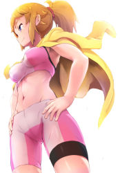 Rule 34 | 10s, 1girl, bike shorts, blonde hair, blue eyes, breasts, brown hair, closed mouth, commentary request, covered erect nipples, from below, gundam, gundam build fighters, gundam build fighters try, hair ornament, hair scrunchie, hands on own hips, hoshino fumina, jacket, jacket on shoulders, legs apart, medium breasts, midriff, nanjin, navel, ponytail, revision, scrunchie, simple background, smile, solo, sports bra, standing, stomach, two-tone sports bra, white background, yellow jacket