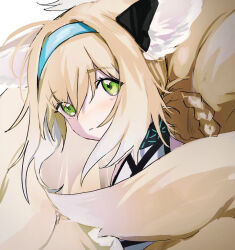 Rule 34 | 1girl, animal ears, arknights, blonde hair, blue hairband, braided hair rings, commentary request, earpiece, fox ears, fox girl, fox tail, green eyes, hairband, infection monitor (arknights), inu to milk, kitsune, kyuubi, looking at viewer, multiple tails, parted lips, suzuran (arknights), tail