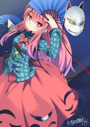 Rule 34 | 1girl, blush, brooch, bubble skirt, expressionless, folding fan, fox mask, hand fan, hata no kokoro, highres, jewelry, long hair, long sleeves, looking at viewer, mask, mask on head, nigo (aozoragarou), parted lips, pink eyes, pink hair, plaid, plaid shirt, red neckwear, red skirt, shirt, signature, skirt, solo, standing, touhou