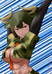 Rule 34 | 1girl, abs, absurdres, aburaeoyaji, animal ears, arms up, aurochs (kemono friends), between breasts, black thighhighs, breasts, brown eyes, brown hair, camouflage, camouflage shirt, closed mouth, cow ears, cow horns, cropped shirt, dark-skinned female, dark skin, double-parted bangs, elbow gloves, eyelashes, gloves, green hair, hand on own arm, highres, horns, kemono friends, large breasts, lips, looking at viewer, medium hair, midriff, multicolored hair, navel, necktie, necktie between breasts, no bra, outstretched arm, print shirt, red necktie, shirt, short sleeves, solo, speed lines, stomach, thighhighs, toned, upper body, v-shaped eyebrows, yellow horns