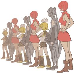 Rule 34 | 3girls, black footwear, blonde hair, bow, brown footwear, crop top, detached sleeves, facing away, hair bow, hands on own hips, hatsune miku, highres, kagamine rin, leg warmers, long hair, meiko (vocaloid), multiple girls, nippori honsha, number tattoo, red skirt, short hair, shorts, skirt, sleeveless, tattoo, twintails, vocaloid, white background, white bow, white footwear