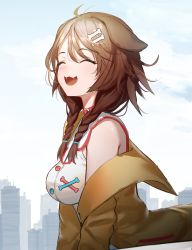 Rule 34 | 1girl, ahoge, animal ears, bone hair ornament, braid, breasts, brown hair, building, cine (wazd0183), city, closed eyes, cloud, cloudy sky, collar, commentary, dog ears, dress, fangs, from side, hair between eyes, hair ornament, happy, highres, hololive, inugami korone, inugami korone (1st costume), jacket, medium breasts, medium hair, off shoulder, open mouth, outdoors, red collar, sky, sleeveless, sleeveless dress, smile, solo, twin braids, upper body, virtual youtuber, white dress, wind, yellow jacket