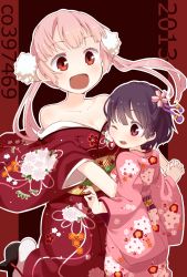 Rule 34 | 2girls, :d, bare shoulders, black hair, blush, breasts, cheek-to-breast, cleavage, collarbone, flower, hair flower, hair ornament, holding hands, highres, japanese clothes, kimono, kimono pull, medium breasts, muku (muku-coffee), multiple girls, one eye closed, open mouth, original, pink hair, red eyes, sandals, shiki (muku), smile, tachibana hinano, twintails, wink