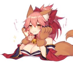 Rule 34 | 1girl, :3, animal ear fluff, animal ears, animal hands, bare shoulders, bell, blush, breasts, bright pupils, claws, cleavage, collar, commentary request, fate/grand order, fate (series), fox ears, fox tail, hair ribbon, head rest, japanese clothes, jingle bell, kimono, large breasts, long sleeves, looking at viewer, muryotaro, off shoulder, orange eyes, pink hair, ponytail, red kimono, red ribbon, ribbon, simple background, smile, solo, sparkle, tail, tamamo (fate), tamamo cat (fate), translation request, upper body, white background, wide sleeves