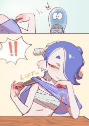 Rule 34 | !, !!, 1boy, 1girl, ^^^, absurdres, bare shoulders, blue hair, chest sarashi, closed mouth, colo (nagrolaz), comic, flat chest, hair over one eye, hand fan, highres, holding, holding fan, inkling, inkling boy, inkling player character, lifted by self, looking at another, looking at viewer, nintendo, octoling, red eyes, sarashi, shiver (splatoon), smile, splatoon (series), splatoon 3