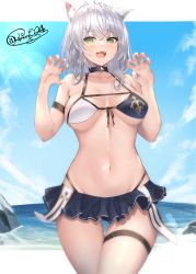 Rule 34 | 1girl, :d, absurdres, anchor symbol, animal ears, bikini, blue skirt, breasts, choker, claw pose, collarbone, cowboy shot, facing viewer, front-tie bikini top, front-tie top, green eyes, grey hair, highres, hololive, large breasts, lens flare, medium hair, miniskirt, nail polish, navel, open hands, open mouth, outdoors, pink nails, shiina aoi, shirogane noel, shirogane noel (summer 2020), skirt, smile, solo, swimsuit, teeth, thigh strap, twitter username, underboob, upper teeth only, virtual youtuber