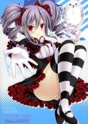 Rule 34 | 10s, 1girl, :&gt;, absurdres, artist name, bird, character name, copyright name, dress, drill hair, gloves, grey hair, highres, idolmaster, idolmaster cinderella girls, kanzaki ranko, legs, lolita fashion, mary janes, natsume eri, owl, red eyes, shoes, snowy owl, solo, striped clothes, striped thighhighs, thighhighs, thighs, twin drills, twintails